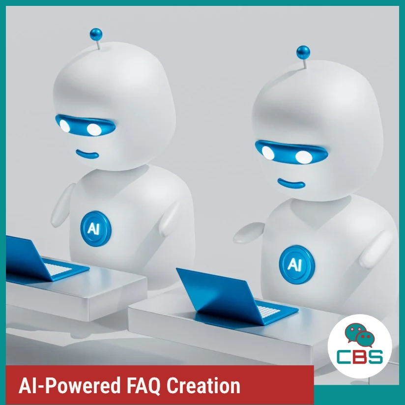 Two AI robots creating FAQs on laptops.