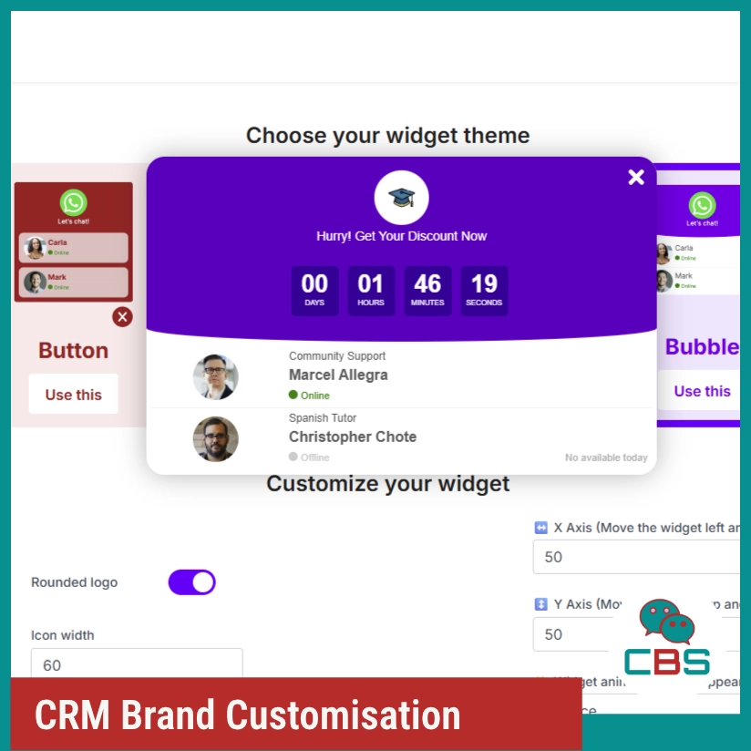 CRM widget customisation interface with countdown.