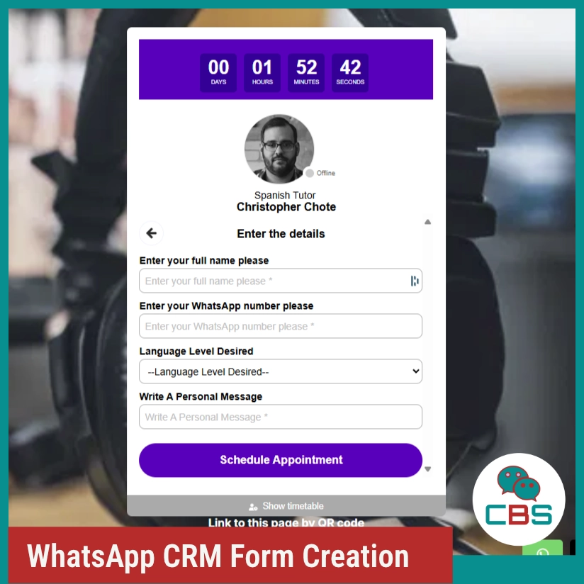 WhatsApp CRM form for Spanish tutor booking.